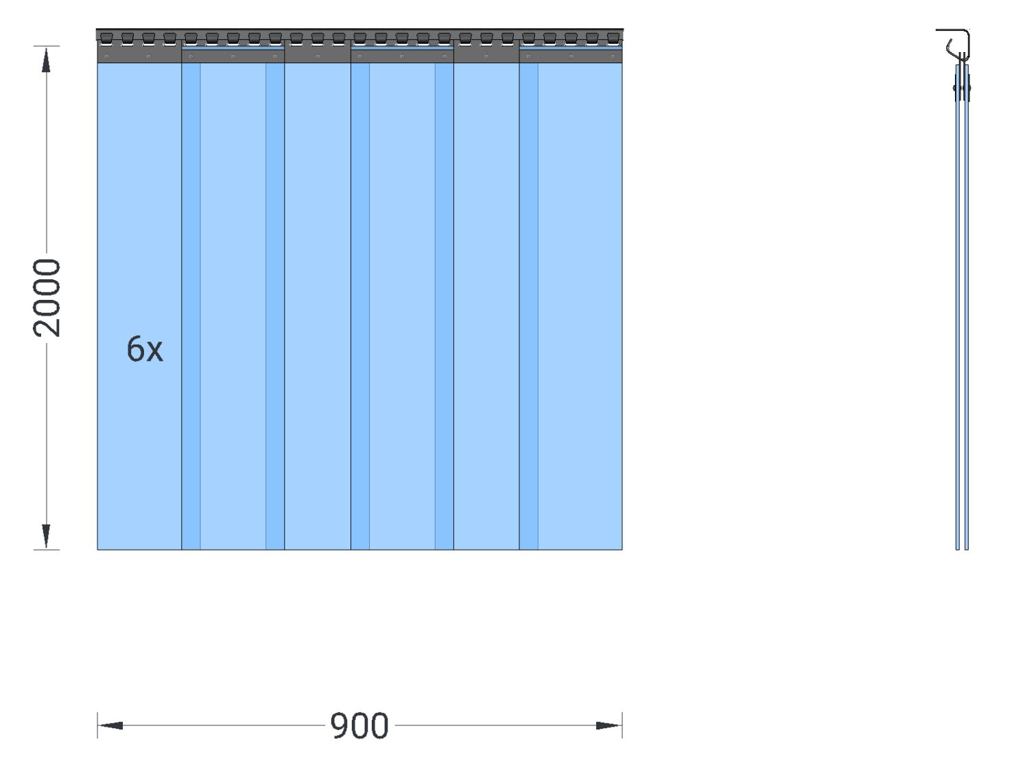PVC strip curtain deep-freeze area cold-resistant temperature resistance +30/-25°C, slats 200 x 2 mm transparent, height 2.00 m, width 0.90 m (0.70 m), stainless steel
