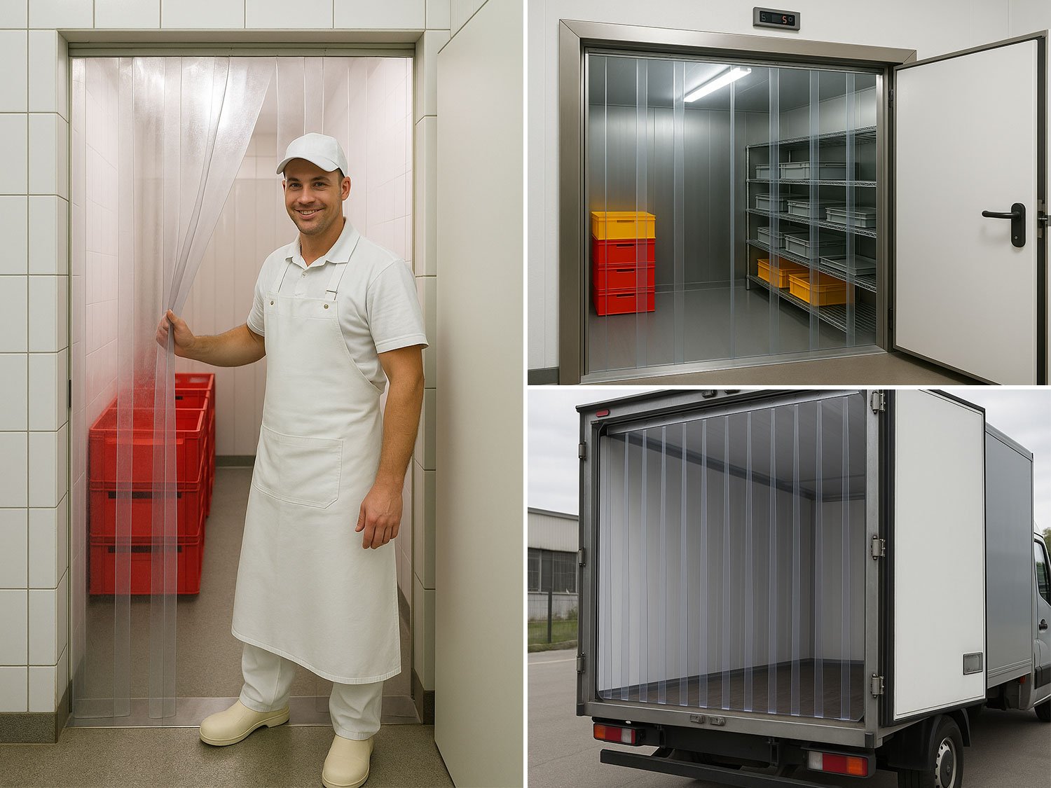 PVC strip curtain deep-freeze area cold-resistant temperature resistance +30/-25°C, slats 200 x 2 mm transparent, height 2.00 m, width 0.90 m (0.70 m), stainless steel Dieser Benutzer ist nicht authorisiert