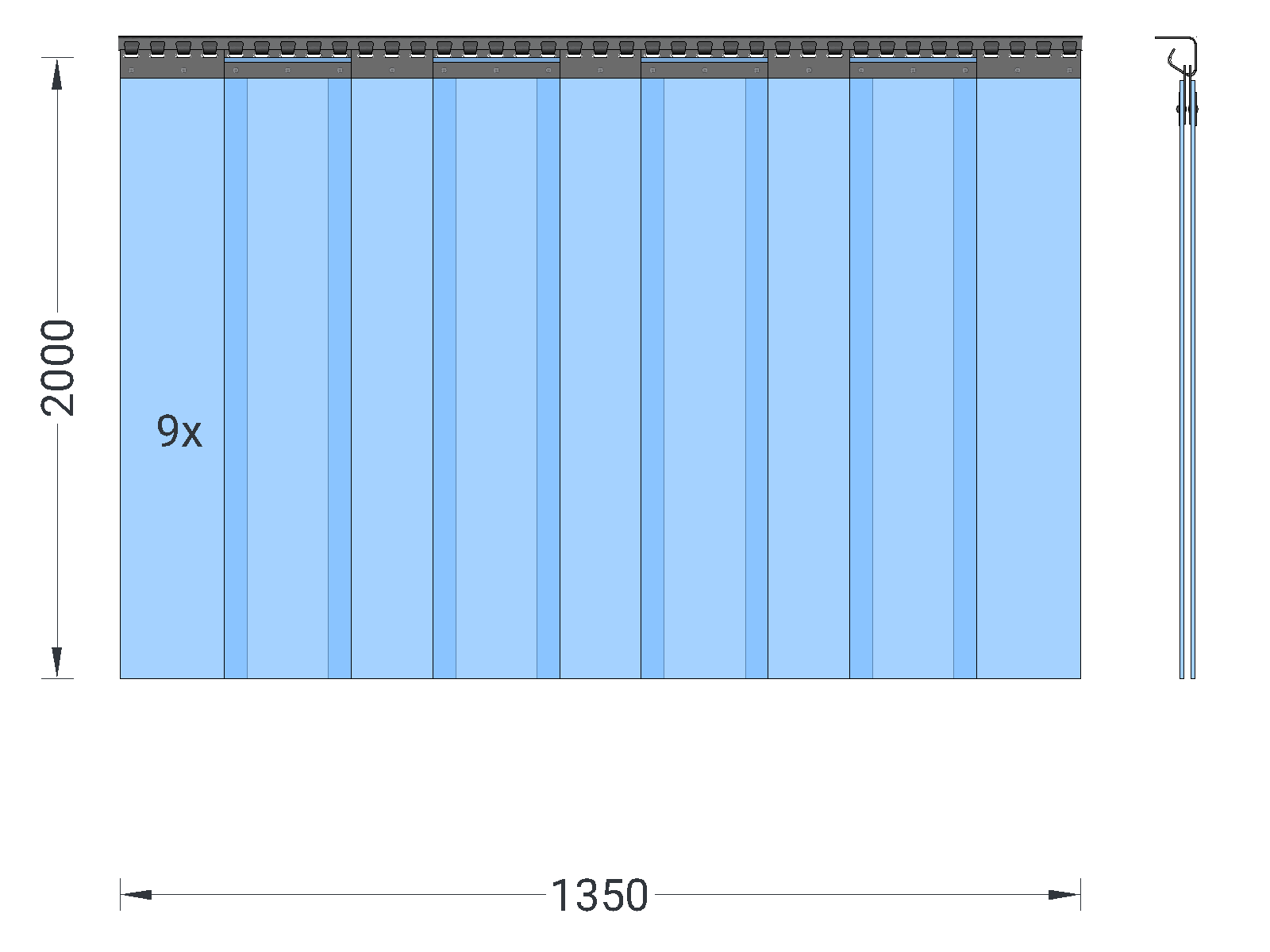 PVC strip curtain, slats 200 x 2 mm transparent, height 2.00 m, width 1.35 m (1.00 m), stainless steel
