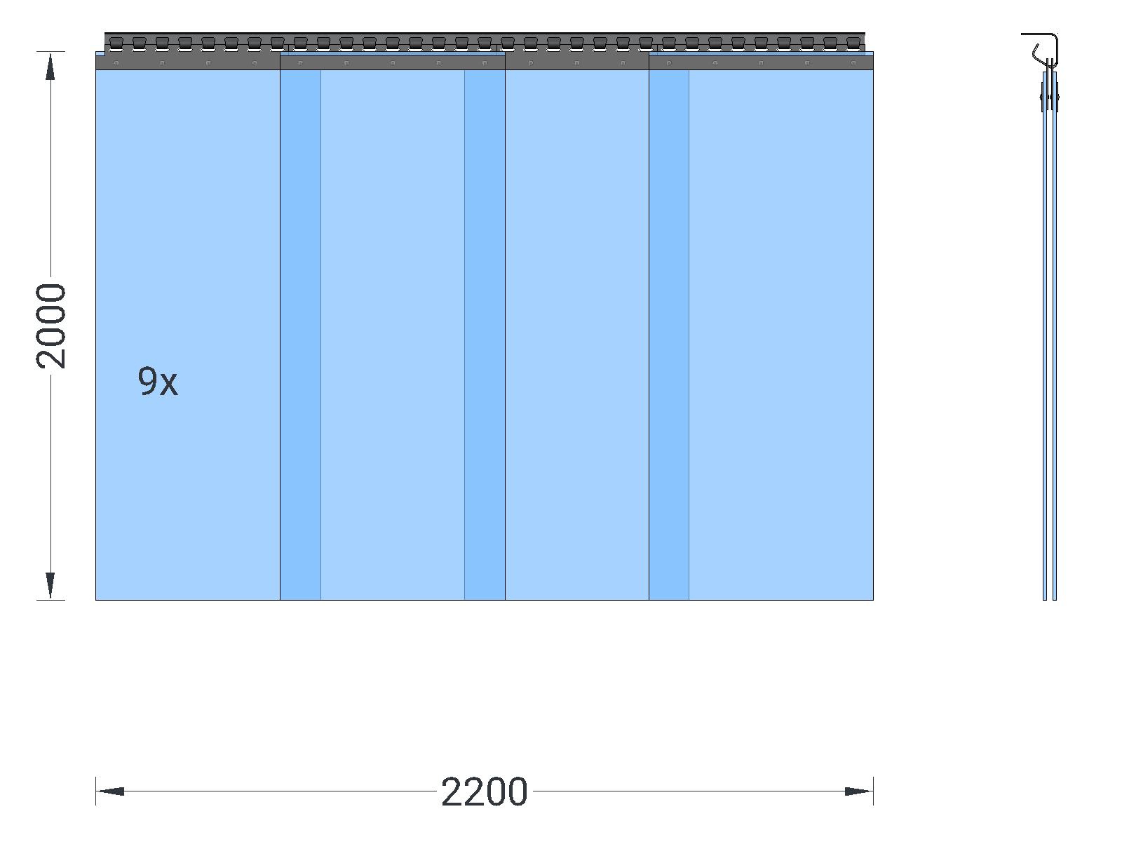 PVC strip curtain, slats 400 x 4 mm transparent, height 2.00 m, width 2.50 m (2.25 m), stainless steel