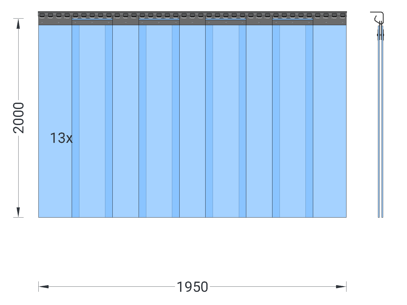 PVC strip curtain, slats 200 x 2 mm transparent, height 2.00 m, width 1.95 m (1.40 m), stainless steel
