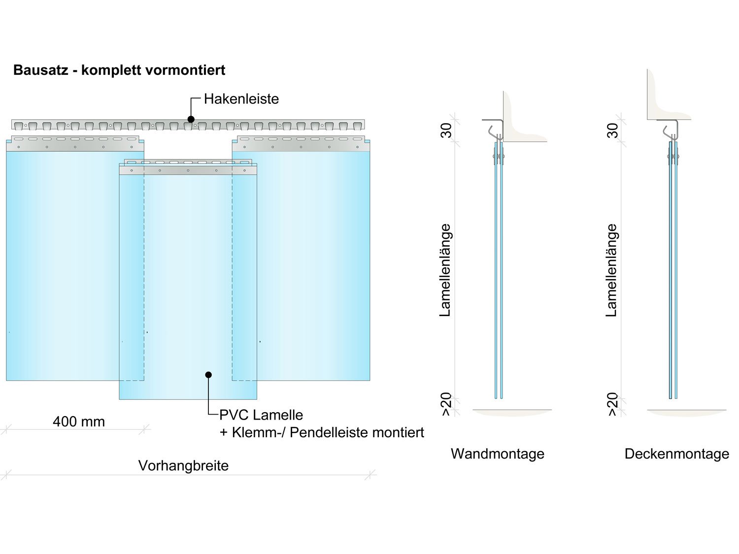 PVC strip curtain, slats 400 x 4 mm transparent, height 2.00 m, width 1.60 m (1.50 m), galvanised PVC strip curtain, slats 400 x 4 mm transparent, height 5.00 m, width 5.80 m (5.00 m), stainless steel