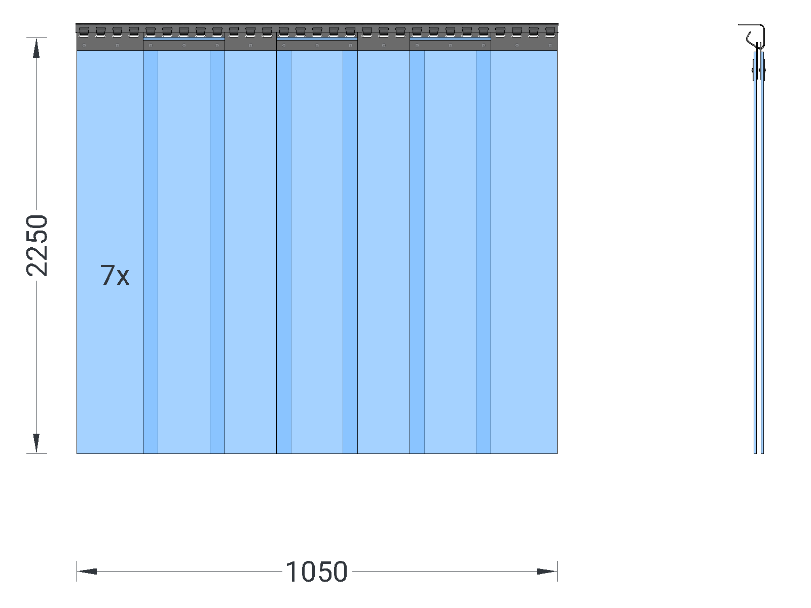 PVC strip curtain, slats 200 x 2 mm transparent, height 2.25 m, width 1.05 m (0.80 m), stainless steel