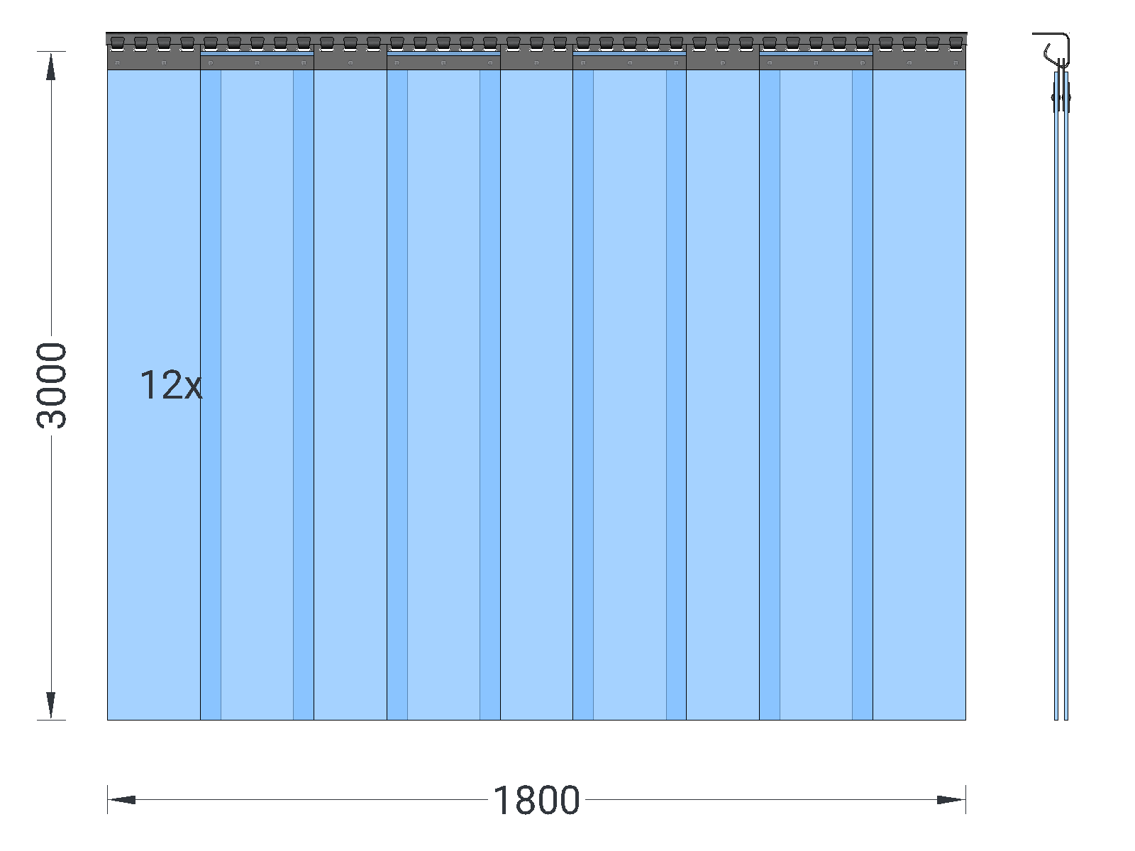 PVC strip curtain, slats 200 x 2 mm transparent, height 3.00 m, width 1.80 m (1.30 m), stainless steel