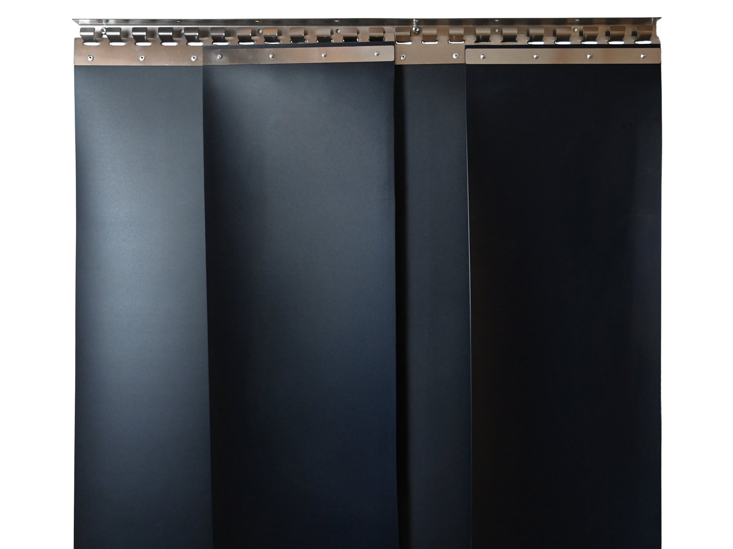 Welding protection PVC strip curtain, slats 300 x 2 mm green matt (ISO 25980), height 1.50 m, width 1.00 m (0.90 m), galvanised Welding protection PVC strip curtain, slats 300 x 2 mm green matt (ISO 25980), height 4.50 m, width 5.00 m (4.10 m), galvanised