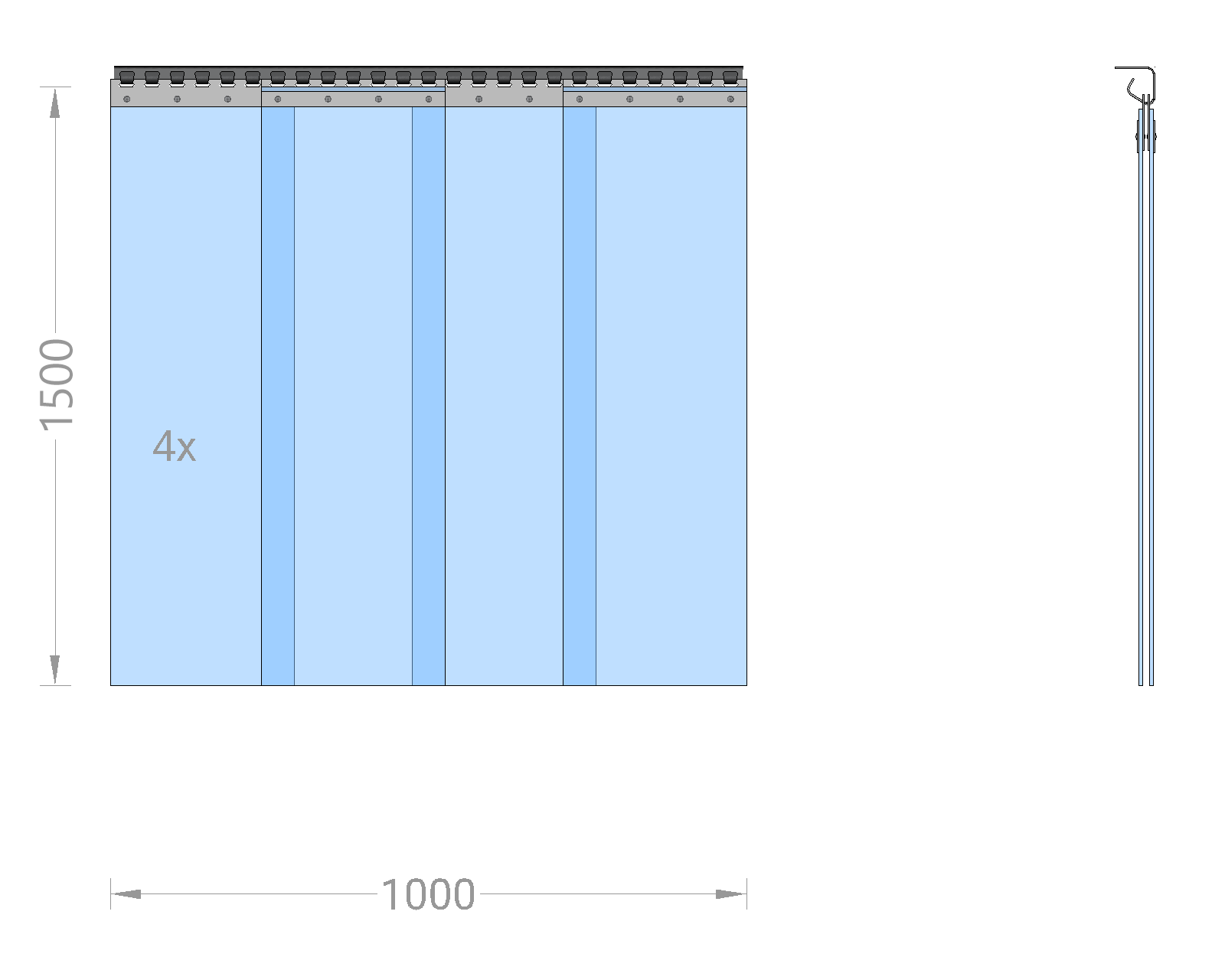 PVC strip curtain, slats 300 x 3 mm transparent, height 1.50 m, width 1.00 m (0.90 m), stainless steel