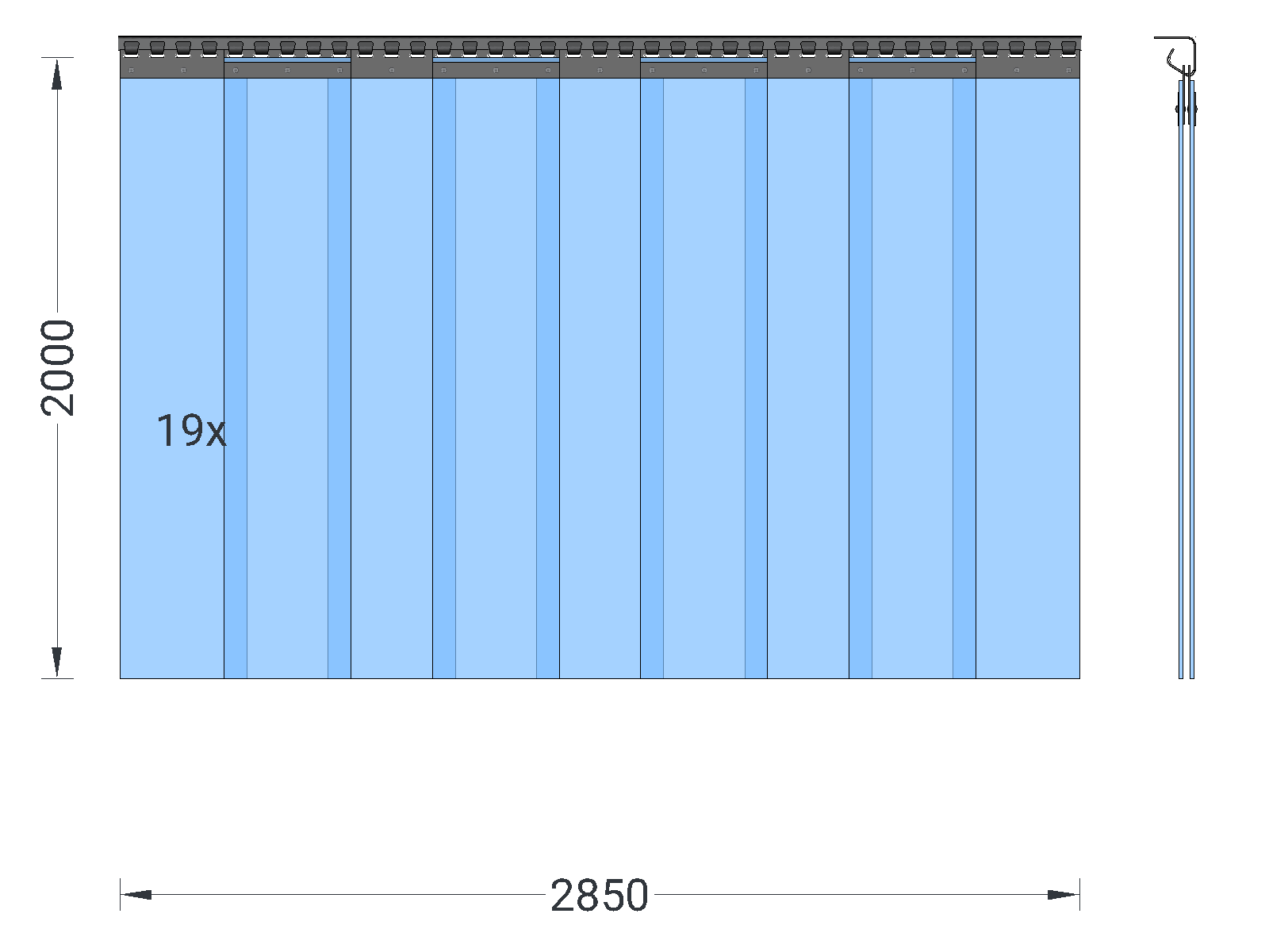 PVC strip curtain, slats 200 x 2 mm transparent, height 2.00 m, width 2.85 m (2.00 m), stainless steel