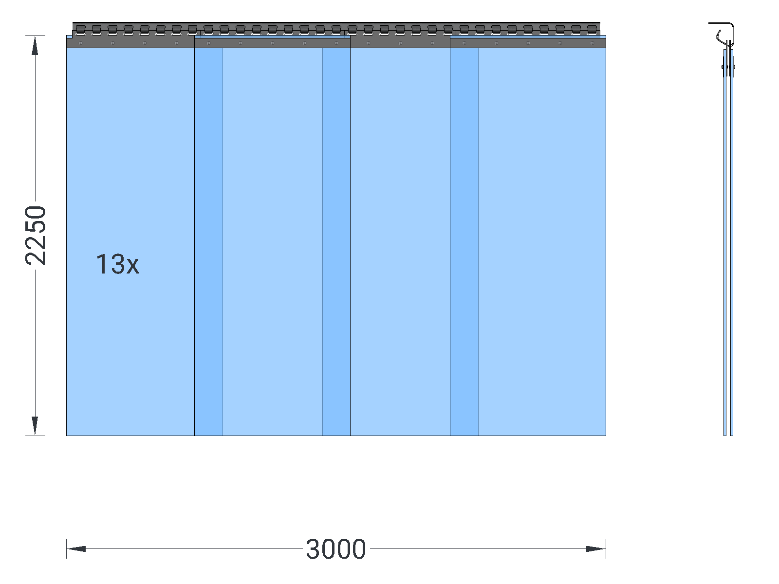 PVC strip curtain, slats 400 x 4 mm transparent, height 2.25 m, width 3.70 m (3.25 m), stainless steel