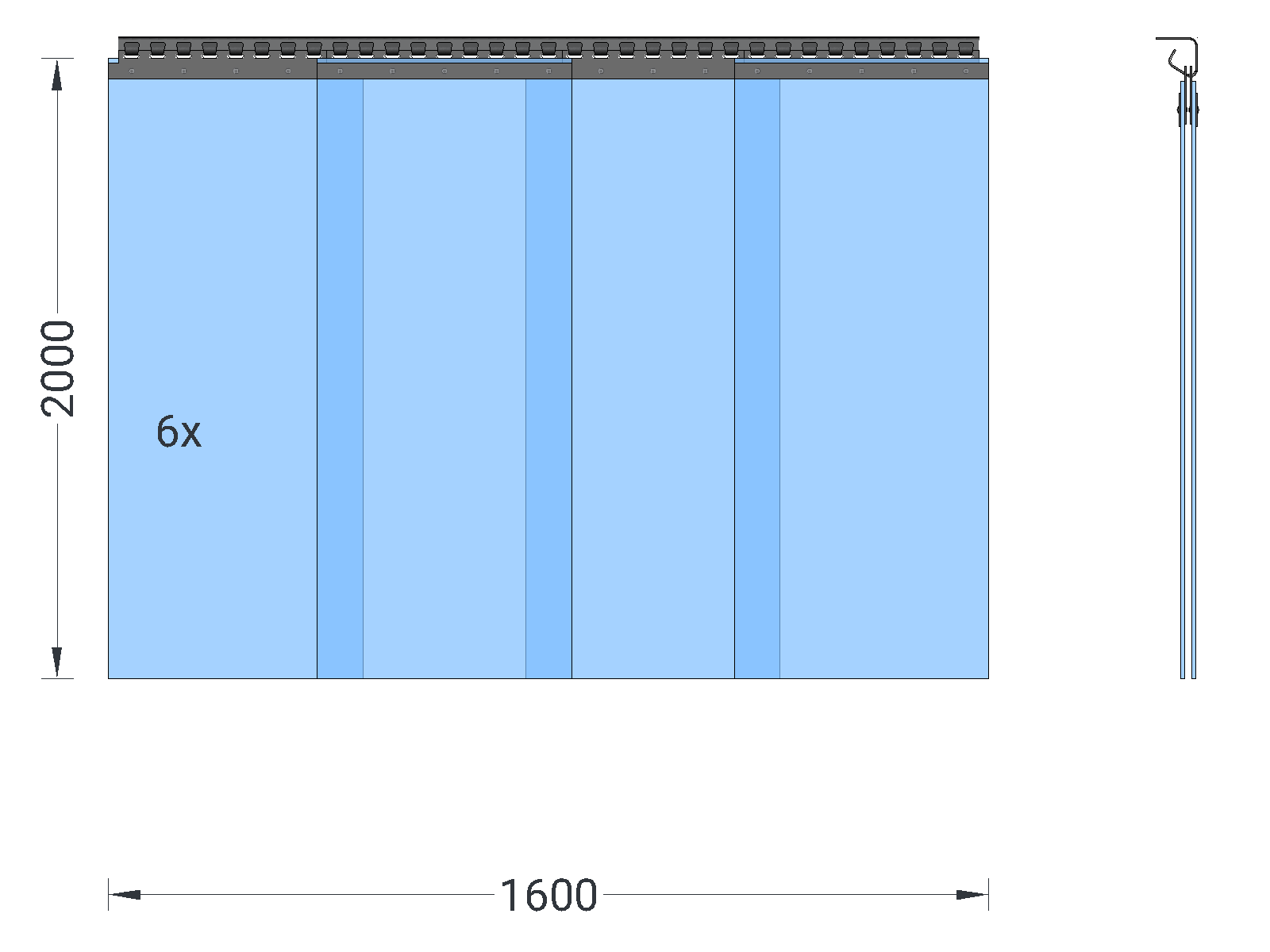 PVC strip curtain, slats 400 x 4 mm transparent, height 2.00 m, width 1.60 m (1.50 m), stainless steel