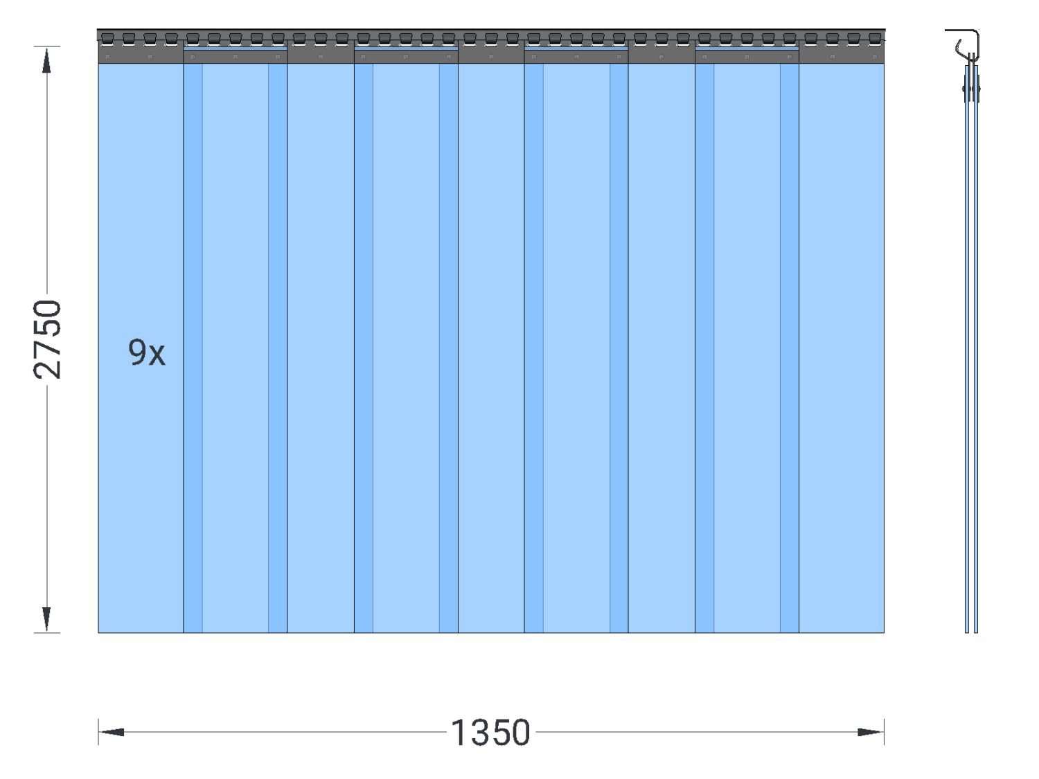 PVC strip curtain deep-freeze area cold-resistant temperature resistance +30/-25°C, slats 200 x 2 mm transparent, height 2.75 m, width 1.35 m (1.00 m), stainless steel