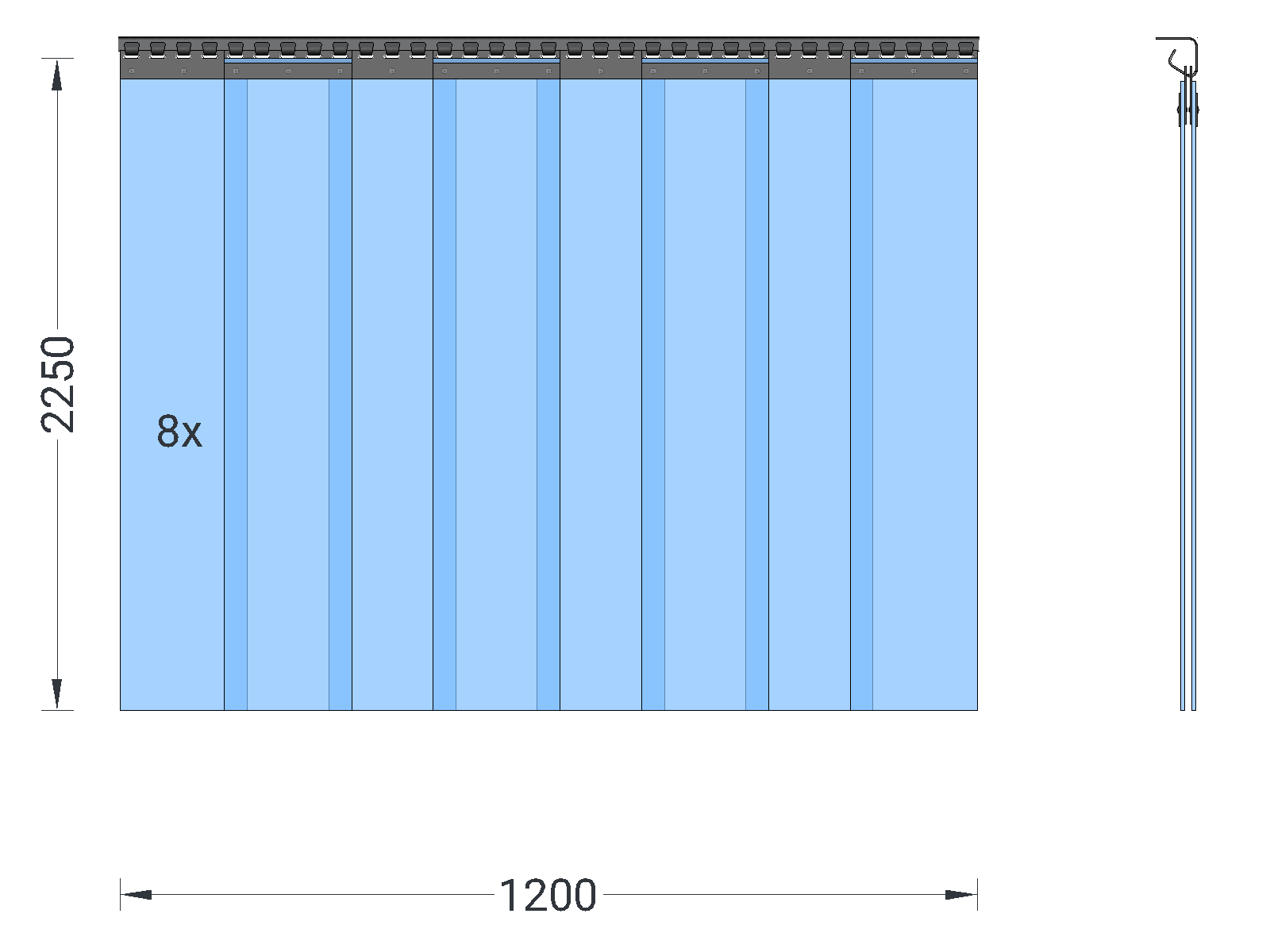 PVC strip curtain, slats 200 x 2 mm transparent, height 2.25 m, width 1.20 m (0.90 m), stainless steel