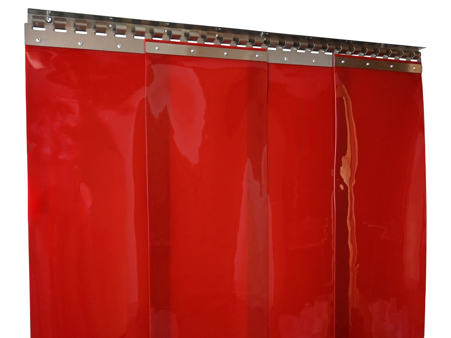 Welding protection PVC strip curtain, slats 300 x 2 mm red-transparent (ISO 25980), height 4.50 m, width 5.00 m (4.10 m), galvanised