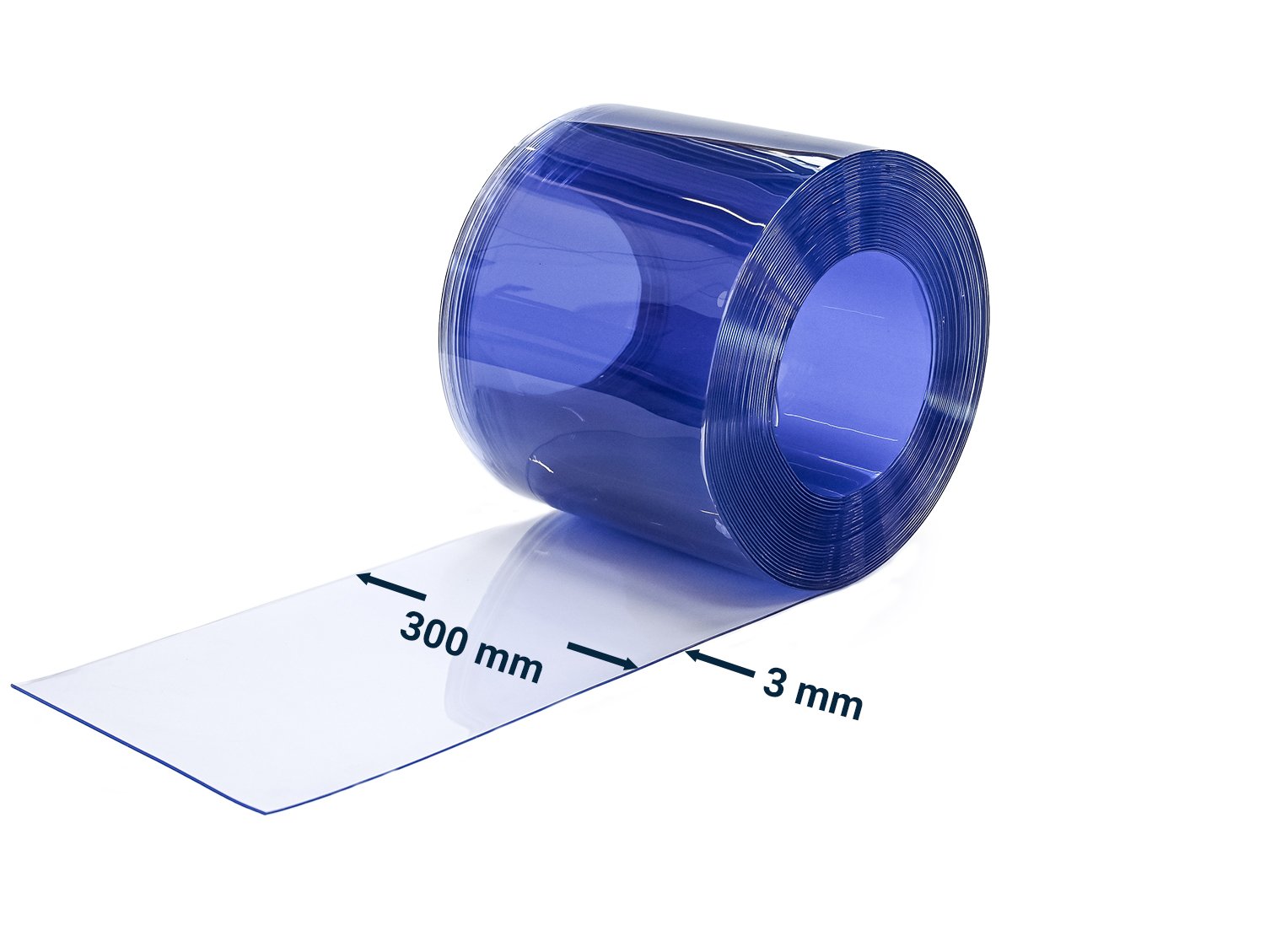 PVC strips in rolls, 3 x 300 mm, 50 m, transparent