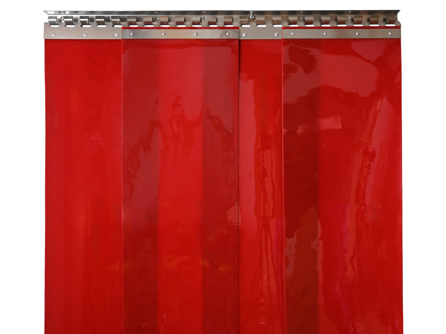 Welding protection PVC strip curtain, slats 300 x 2 mm red-transparent (ISO 25980), height 4.50 m, width 5.00 m (4.10 m), galvanised