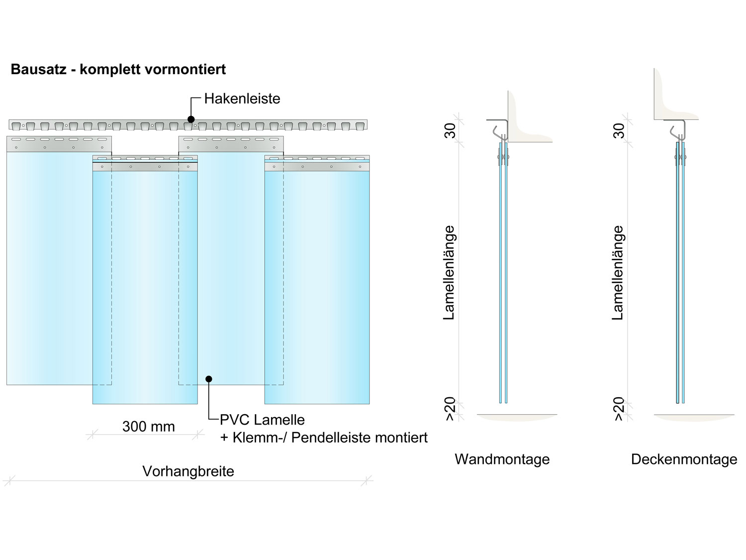 {{ Process.Description.Global.ItemName.German }} PVC strip curtain, slats 300 x 3 mm transparent, height 4.50 m, width 5.00 m (4.10 m), stainless steel
