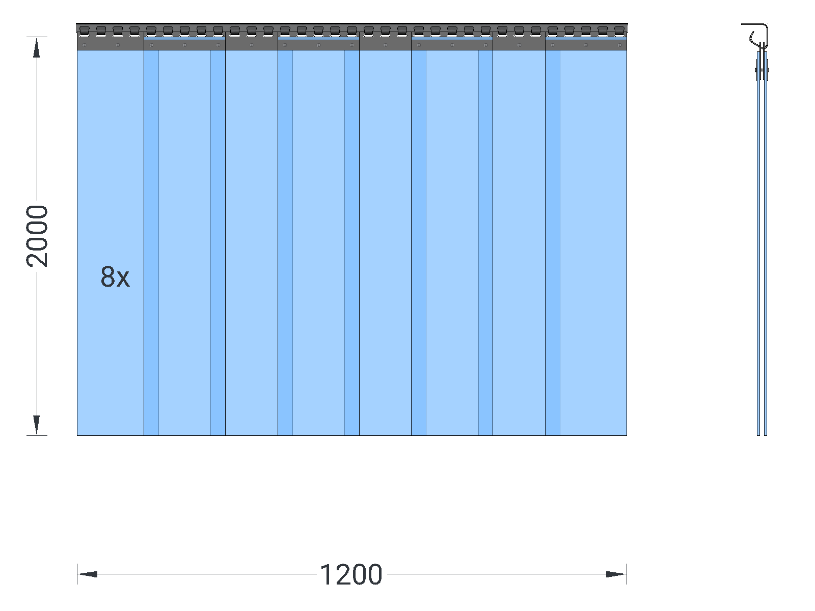 PVC strip curtain, slats 200 x 2 mm transparent, height 2.00 m, width 1.20 m (0.90 m), stainless steel
