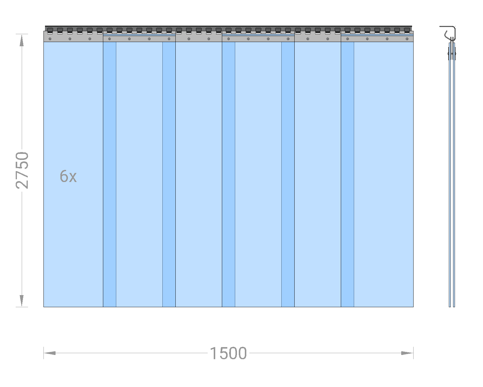 PVC strip curtain, slats 300 x 3 mm transparent, height 2.75 m, width 1.50 m (1.30 m), stainless steel